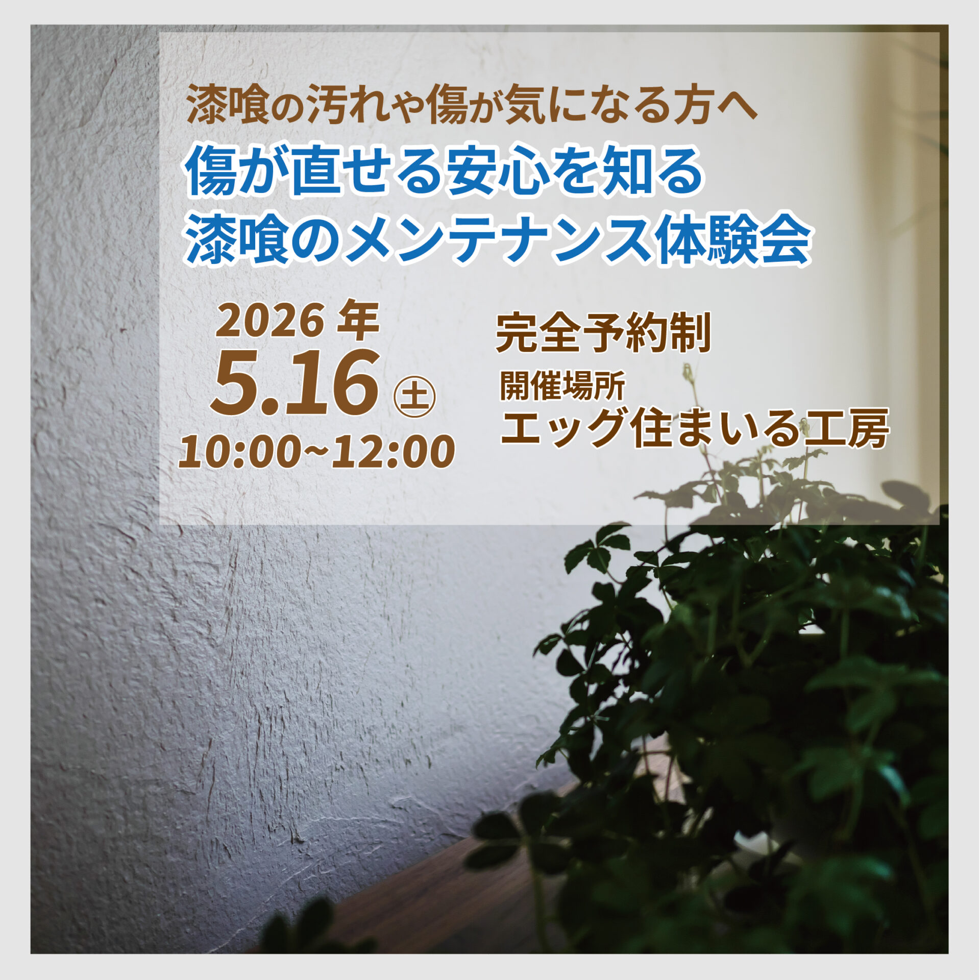 傷が直せる安心を知る 漆喰のメンテナンス体験会 アイキャッチ